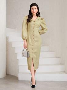 Modelyn Robe Unicolore À Bouton Manches Bouffantes