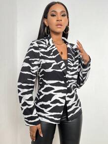 Zolique Zebra Striped Print Single Button Blazer - Black and White - View 3