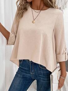 SHEIN LUNE Chất rắn Cuộn lên tay áo Viền không đối xứng Áo sơ mi - Màu Khaki - Xem 3