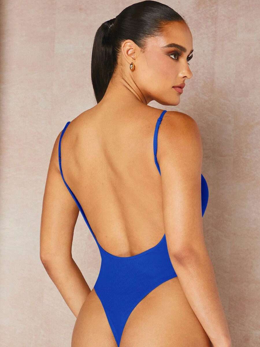 Silquee Solid Backless Cami Bodysuit - Royal Blue - View 1
