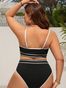 SHEIN Swim Curve Summer Beach Plus Contrast Binding Bikini Set - Black - View 2