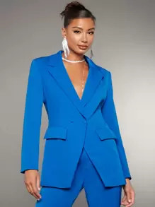 SHEIN BAE Lapel Neck Flap Detail Blazer - Blue - View 1