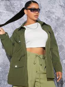 SHEIN SXY Plus Flap Pocket Drawstring Waist Flap Pocket Coat - Army Green - View 5