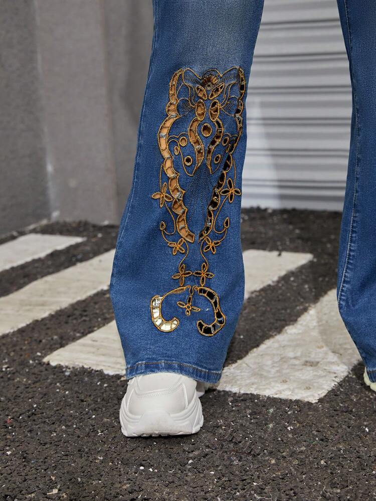 Butterfly Print Flare Leg Jeans