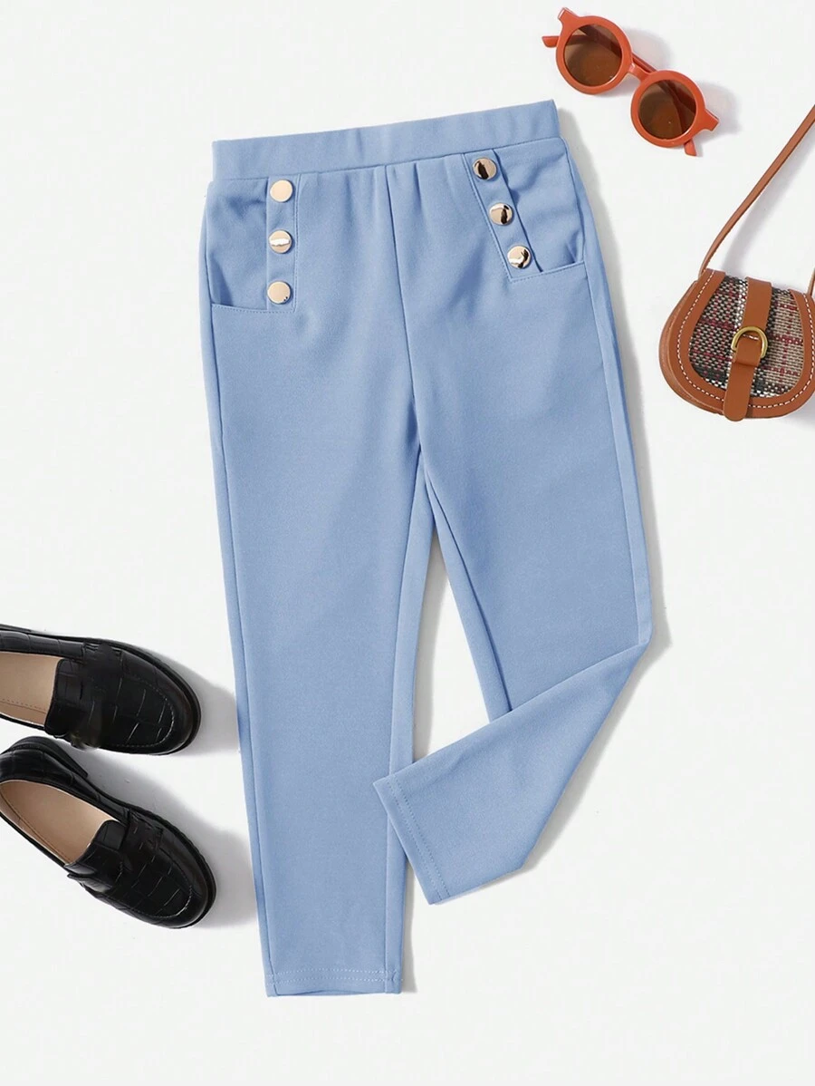 SHEIN 女小童紐扣細節斜口袋長褲 - 藍色 - 查看 1