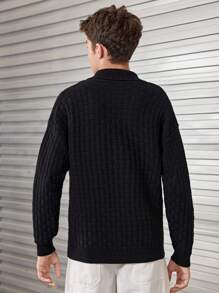 SHEIN Teen Boy Button Half Placket Ribbed Knit Sweater - Black - View 2