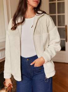 SHEIN Frenchy 落肩 O 形环拉链泰迪填充大衣 - 白色 - 查看 4