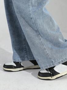 SHEIN 青少年女孩斜口袋直筒牛仔褲 - 中等水洗藍 - 查看 4