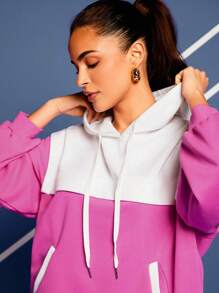 VARSITIE Two Tone Drop Shoulder Drawstring Hoodie - Pink - View 2