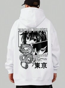 ROMWE MEN Anime Men's White Hoodie With Cartoon Printed On Back - White - View 4