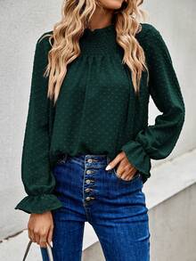 BTFBM 圓點喇叭袖褶邊領襯衫 - 墨綠色 - 查看 4