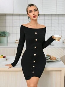 GENKIRA Off Shoulder Chi tiết Nút Váy len bó sát Không có thắt lưng - màu đen - Xem 3