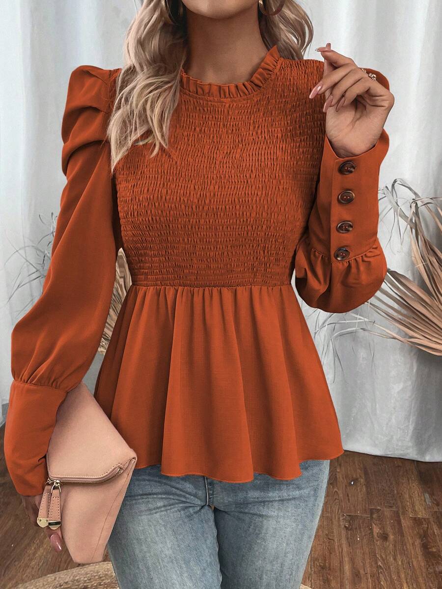 SHEIN Unity Frill Trim Puff Sleeve Peplum Blouse - Brown - View 1