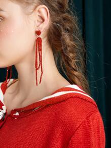 SHEIN MOD 时尚流苏心形串珠耳环情人节、妈妈、母亲、母亲节、礼物 - 紅色 - 查看 2