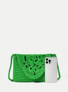 SHEIN VCAY Women's Woven Crossbody Bag With Flap Cover, Minimalist Style And Multifunctional Design - Green - View 8