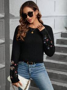 SHEIN Clasi 花卉刺繡落肩袖套頭毛衣 - 黑色 - 查看 4