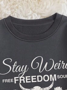 SHEIN EZwear 標語和花卉圖案加絨內裏運動衫 - 深灰色 - 查看 3