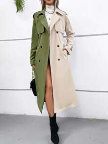 SHEIN VCAY Two Tone Double Breasted Belted Trench Coat - Army Green - View 3