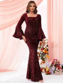 LOVE&LEMONADE Vestido de fiesta de cuello cuadrado de manga con volante con lentejuelas - Burdeos - Ver 3
