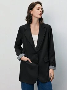 SHEIN Frenchy 格紋袖口單排釦西裝外套 - 黑色 - 查看 1