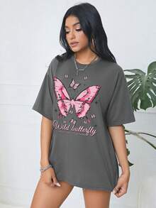 SHEIN EZwear 蝴蝶和標語圖案落肩T恤 - 深灰色 - 查看 3