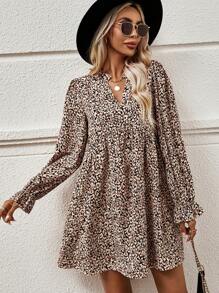 EMERY ROSE 豹紋印花荷葉袖娃娃裙 - 彩色 - 查看 5