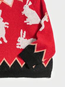 Flirla 大碼兔子&幾何圖案落肩袖套頭毛衣 - 紅色 - 查看 3