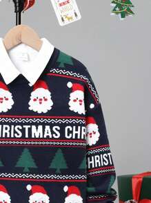 SHEIN Chicos 1 pieza Jersey con estampado de letra & Papá Noel de hombros caídos