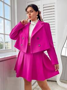 SHEIN EZwear Plus Double Breasted Blazer & Fold Pleated Skirt - Hot Pink - View 8