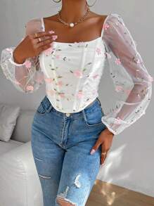 SHEIN Unity Top cu tiv curbat cu mânecă lanternă cu broderie florală