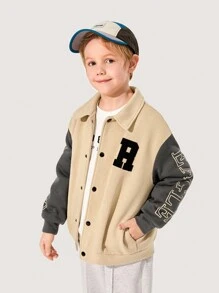 SHEIN 男大童字母圖案撞色落肩袖夾克 - 卡其色 - 查看 6