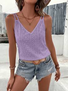 SHEIN LUNE 素色網眼刺繡吊帶上衣 - 紫色 - 查看 4