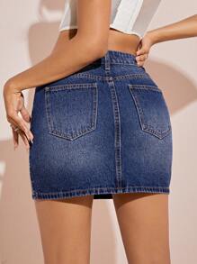 SHEIN BAE Argyle Pattern Denim Skirt - Medium Wash - View 2