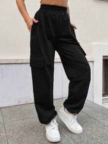 EURMUSE Flap Pocket Side Elastic Waist Cargo Pants - Black - View 4