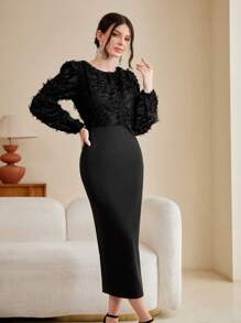 Modelyn 優雅開衩純色女士連衣裙 - 黑色 - 查看 1