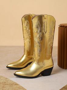 Styleloop 女士時尚刺繡西部靴，女士牛仔靴 - 金色 - 查看 4