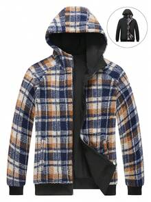 Manfinity Homme Loose Fit Men's Plaid Printed Zipper Hooded Thermal Lined Jacket - Multicolor - View 3