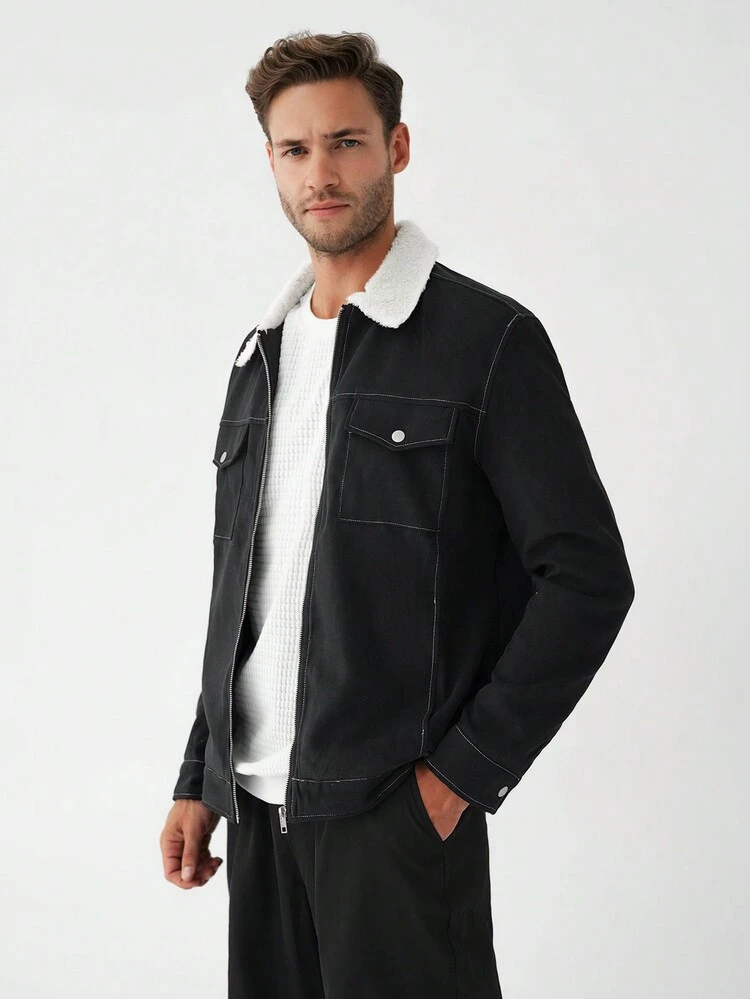 Men Borg Collar Flap Pocket Jacket
