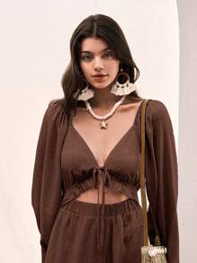 Bohemela 前繫帶燈籠袖闊腿連體褲 - 摩卡棕 - 查看 2