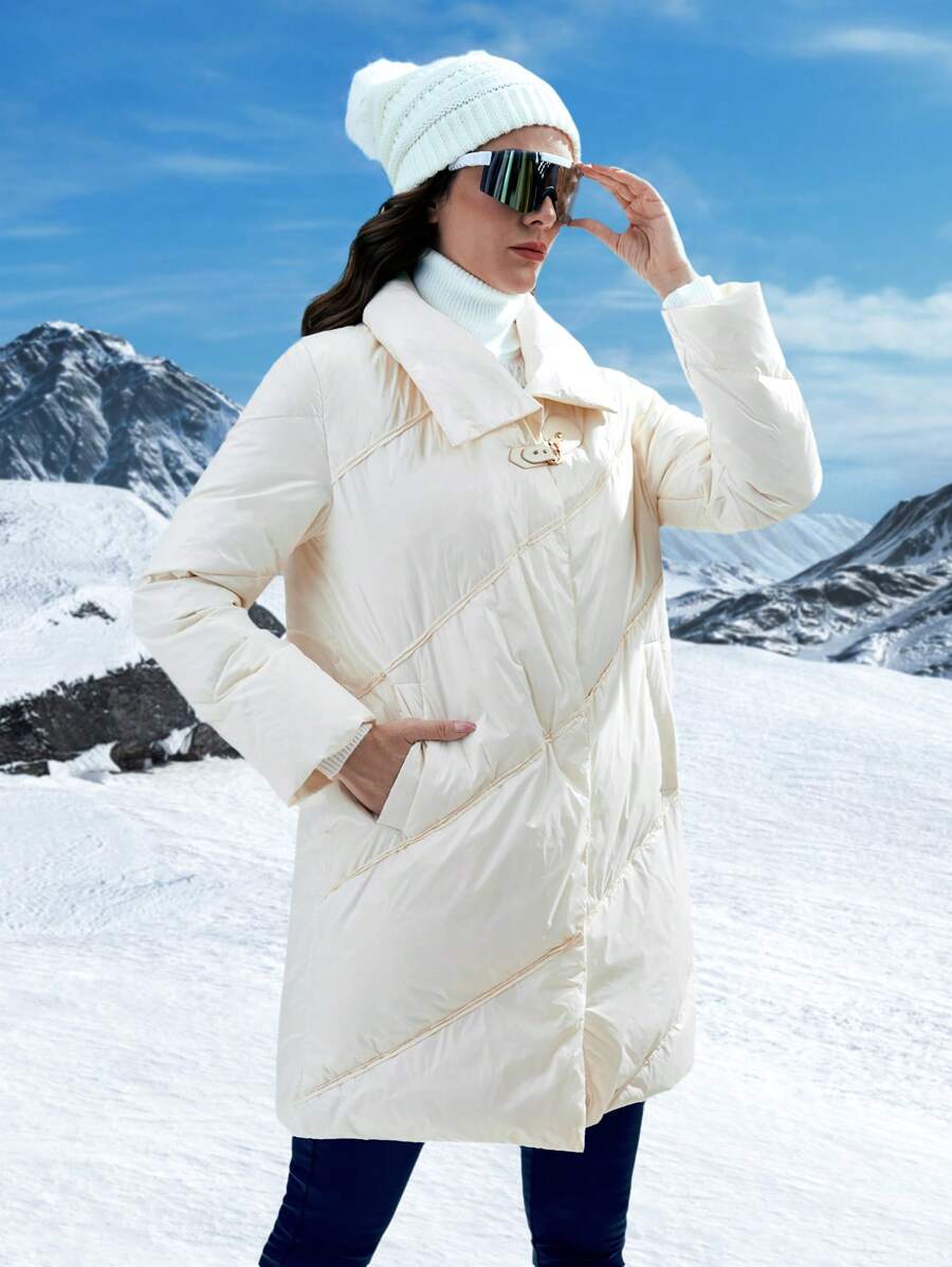 SHEIN Unity Abrigo de plumas con bolsillo oblicuo liso - Blanco - Ver 1