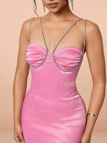 Rhinestone Detail Split Thigh Satin Cami Dress - Pink - View 3