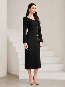 Modelyn Cổ Trái tim Chi tiết Nút Viền chia cắt Đầm - màu đen - Xem 5