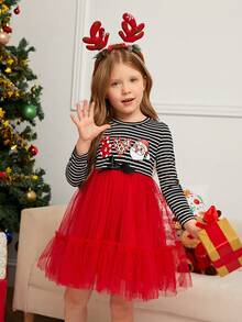 SHEIN Young Girl Knitted Striped Christmas Pattern Patchwork Woven Mesh Dress - Mommy And Me Matching Outfits, 2 Pieces Sold Separately - Multicolor - View 3
