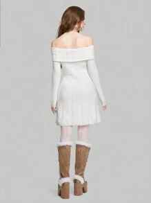 ROMWE Kawaii Foldover Off Shoulder Knot Front Sweater Dress - White - View 4