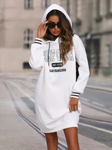 SHEIN LUNE Letter Graphic Drop Shoulder Drawstring Hoodie Dress - White - View 4