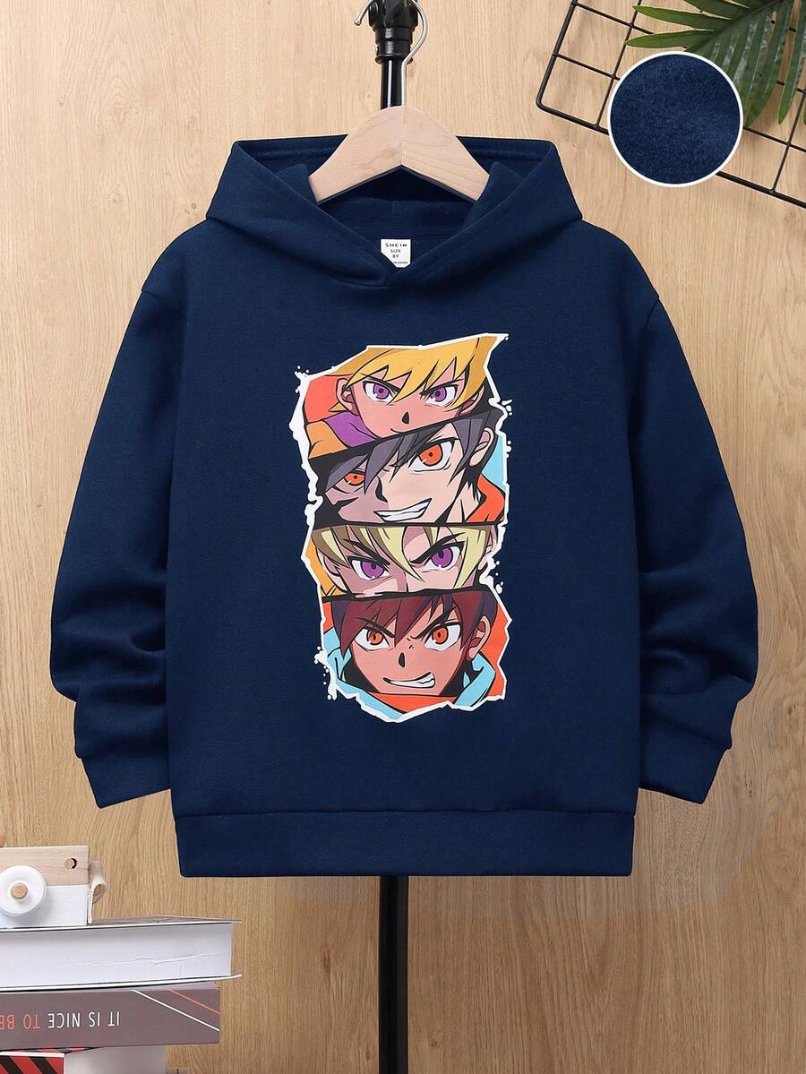 SHEIN 青少年男孩图案保暖内衬卫衣 - 藍色 - 查看 1