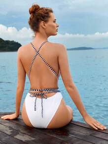 Swim Lushoire Summer Beach Striped Tape Plunging One Piece Swimsuit - White - View 2