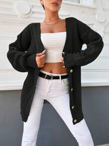 EURMUSE 女士休闲纯色开衫，秋冬季 - 黑色 - 查看 5