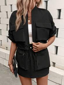 SHEIN LUNE Flap Pocket Zipper Front Jacket & Skirt - Black - View 3