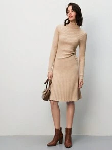 SHEIN Frenchy Mock Neck Ribbed Knit Sweater Dress Winter Brown Casual - Khaki - View 4